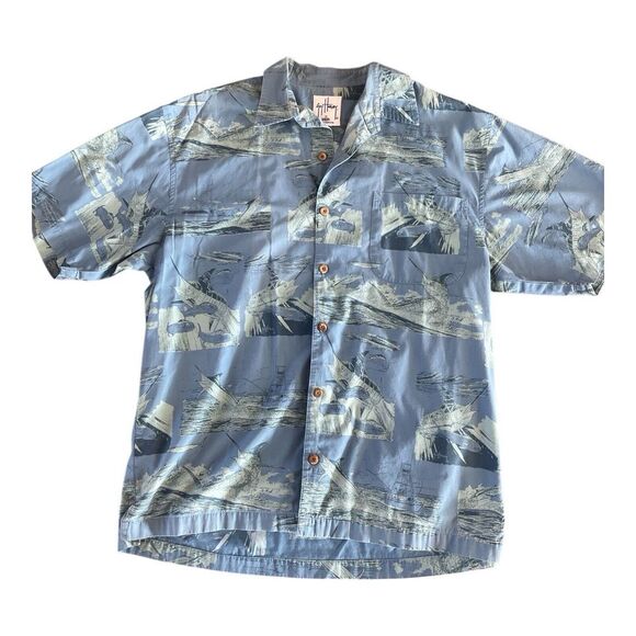 GUY HARVEY Bluewater Marlin Fish Fisherman Short Sleeve Cotton‎ Button-Up Large - Picture 1 of 16